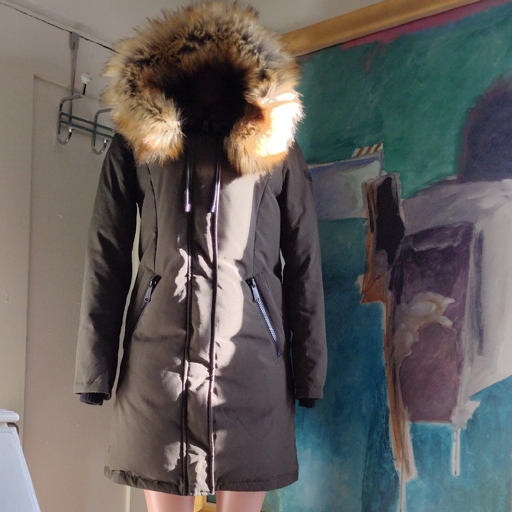 Sam Edelman Faux Fur-Trimmed Hooded Olive Puffer Jacket , Small